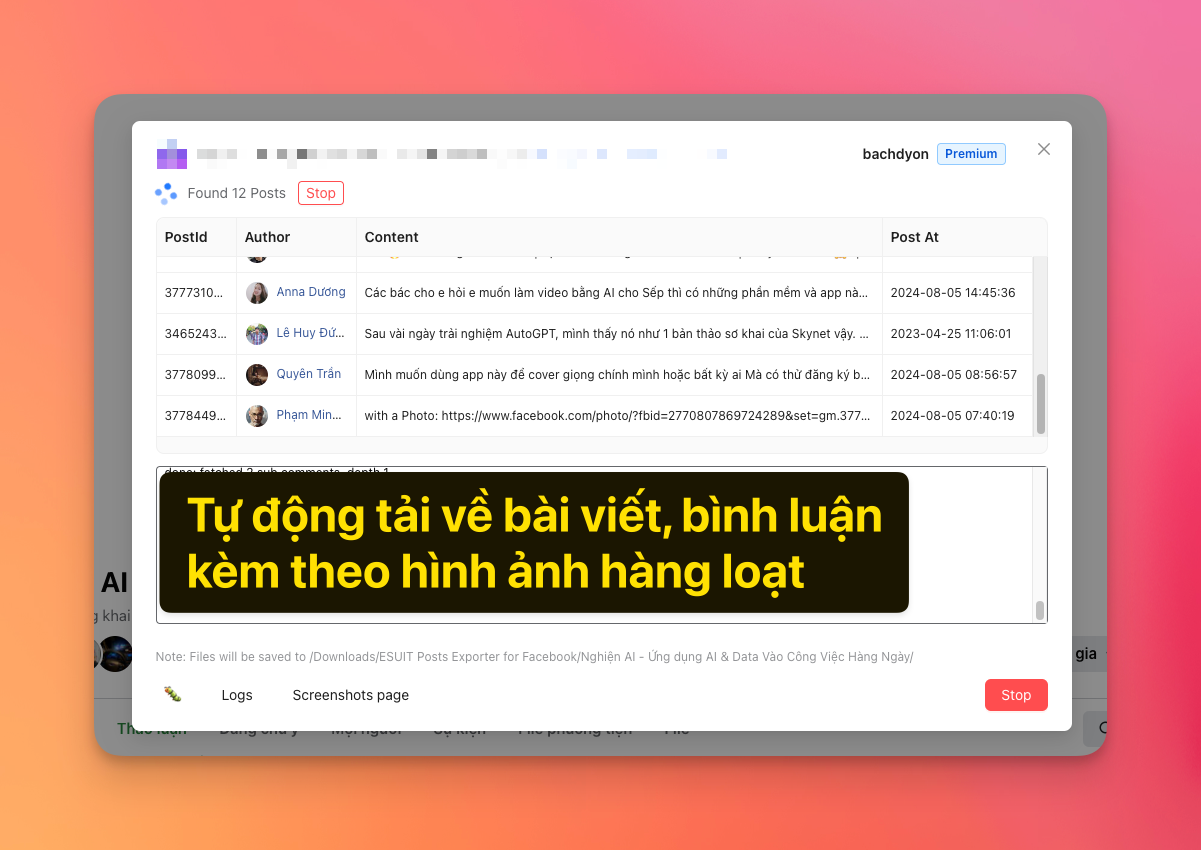 Tự động lấy toàn bộ bài viết / bình luận của một trang cá nhân, fanpage và group facebook